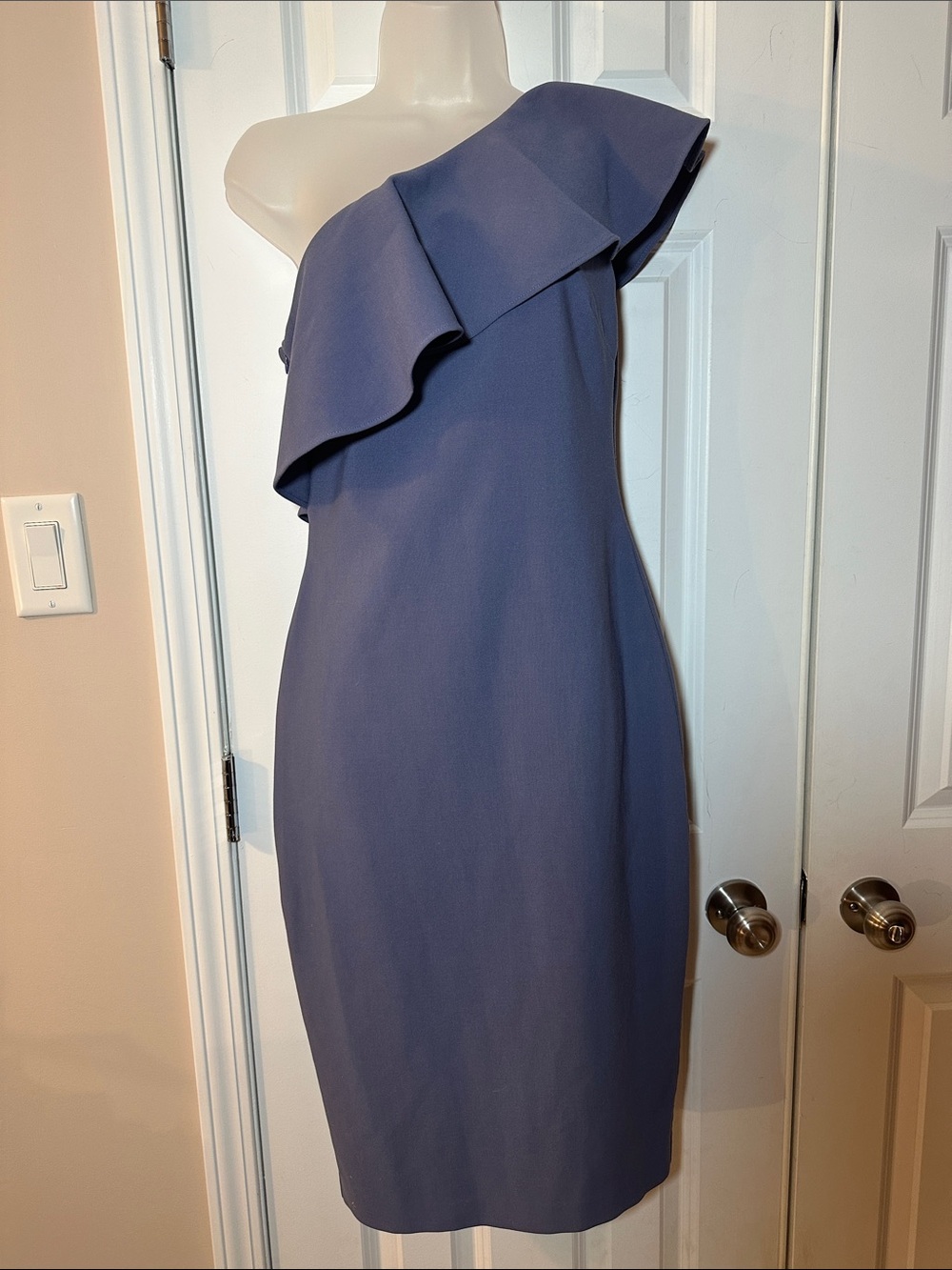 One-Shoulder Ruffle Sheath Dress - Dusty Blue